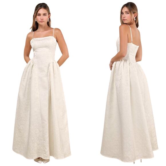 Lulus Gorgeous Extravagance Ivory Floral Jacquard Maxi Dress size Medium NWT - Picture 1 of 6